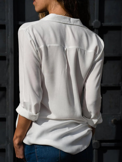 Women's Elegant Chiffon Blouse — Long Sleeve V-Neck Loose Office Shirt