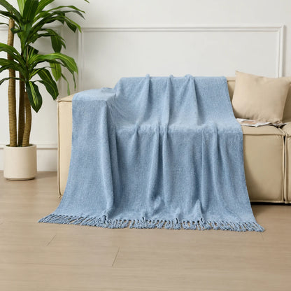 Dark Green Geometric Bobble Textured Knit Throw Blanket with Tassel Fringe, Soft Knitted Decorative Blanket, Lightweight Cozy Cover for Couch Sofa Bed, Boho Farmhouse Home Decor for Living Room Bedroom