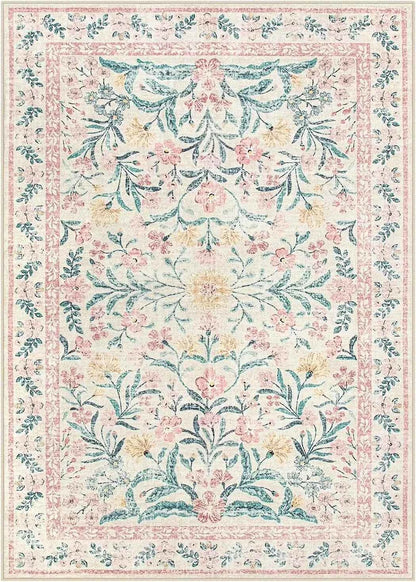 Living Room Carpet Non-slip Soft Machine Washable Floor Mat Bohemian Pink Floral Rug Bedroom Home Decoration Mats Washable Rugs