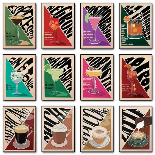 Vintage Cocktail Canvas Painting Drinks Espresso Martini Aperol Spritz Retro Alcohol Posters Prints Bar Club Wall Art Decor