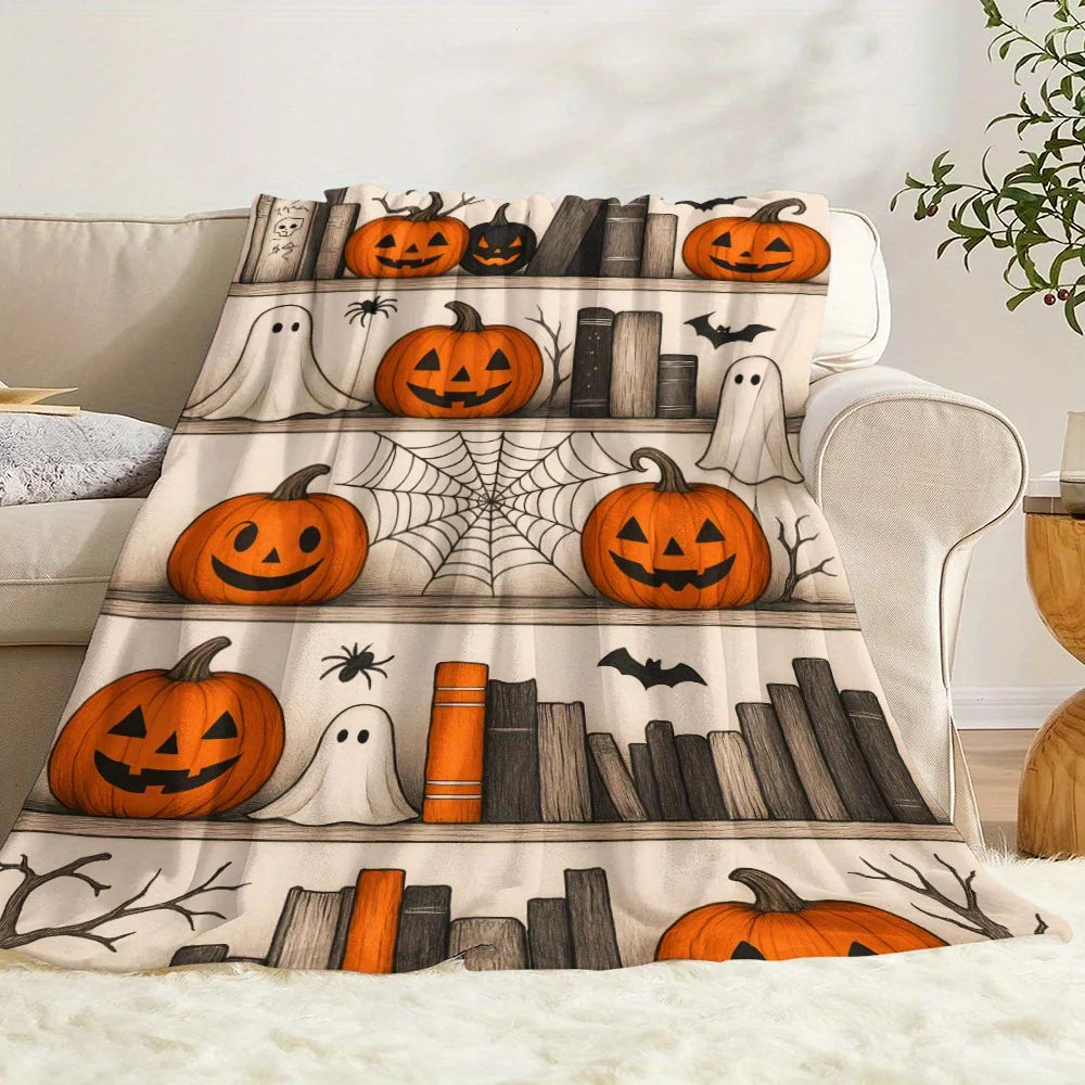 Halloween Blanket - Cute Cartoon Ghost, Magic Bookshelf, Spider Web, Bat, Pumpkin Designs - Soft And Warm Flannel Throw Blanket, Suitable for Camping, Travel, Car, And Home Decoration - A Warm Holiday Gift for Friends, Family