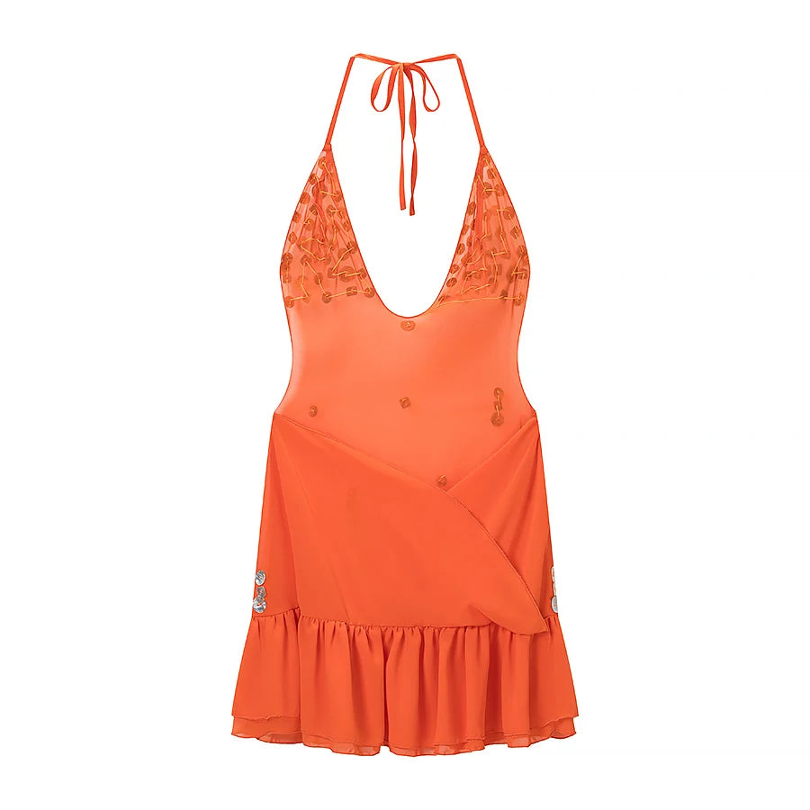 Women's Sexy Backless Halter Maxi Dress – Deep V-Neck Ruffle Hem Flowy Resort Vacation Dress