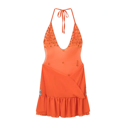 Women's Sexy Backless Halter Maxi Dress – Deep V-Neck Ruffle Hem Flowy Resort Vacation Dress