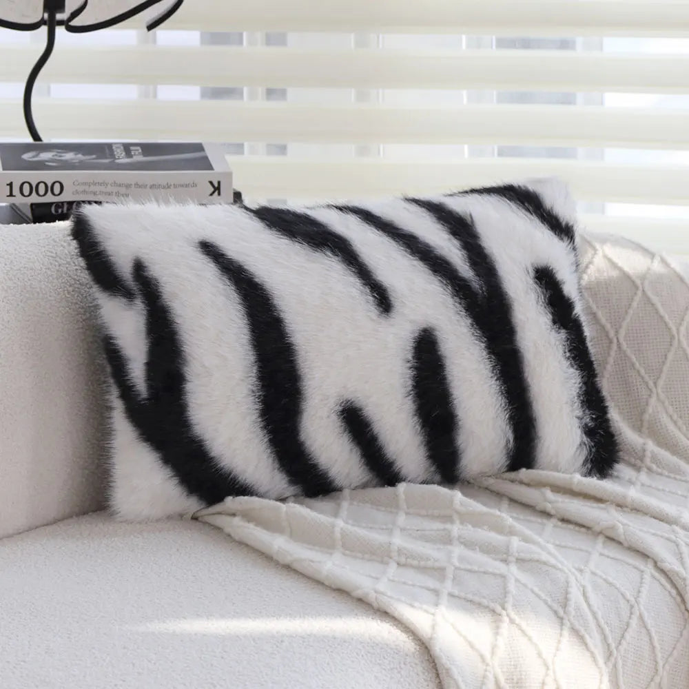 Zebra Print Faux Fur Cushion Cover, Black & White