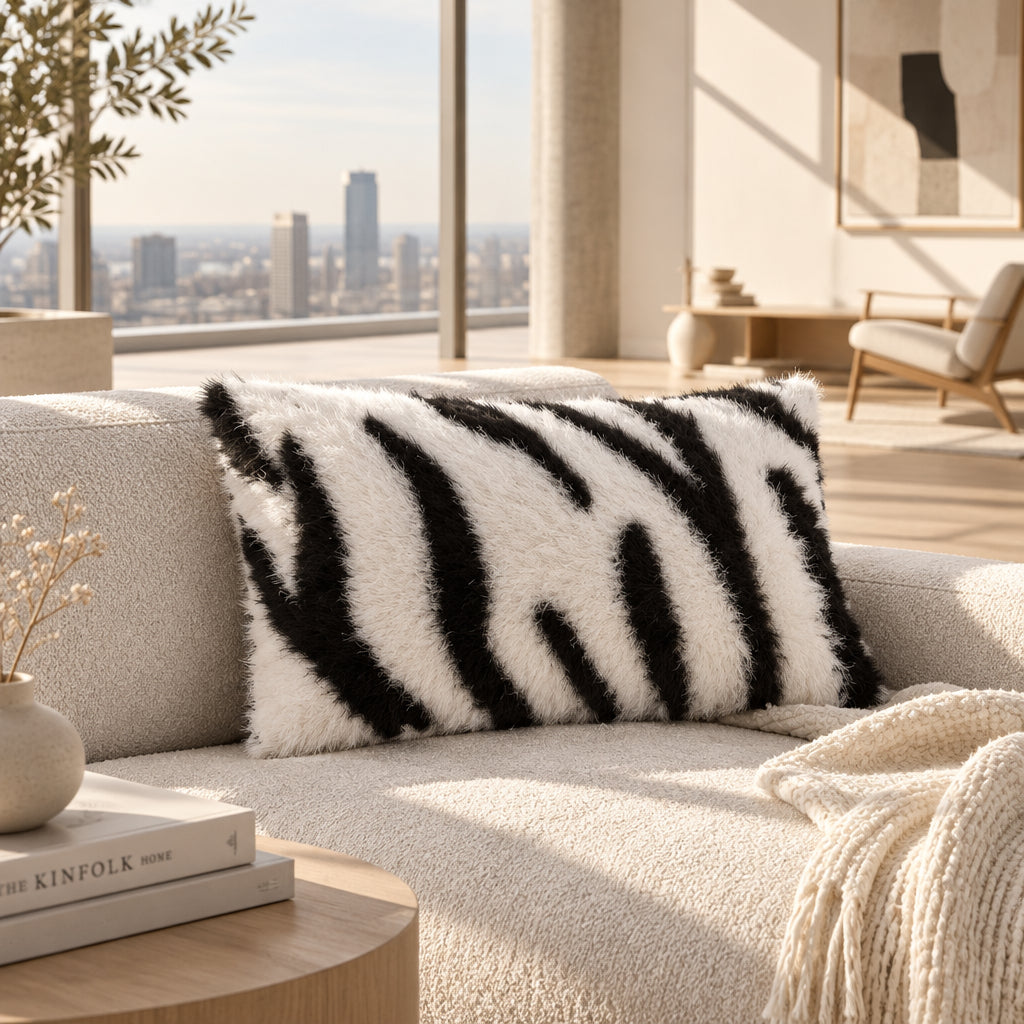 Zebra Print Faux Fur Cushion Cover, Black & White