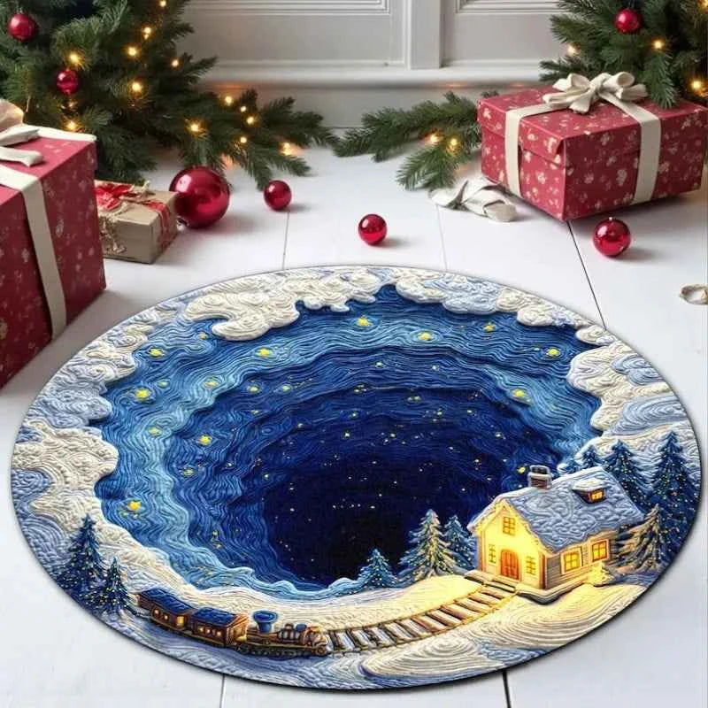 Christmas Round Carpet Blue Snow 3D Printed Decorative Rug Living Room Christmas Party Decoration Anti Slip Mat Christmas Gift