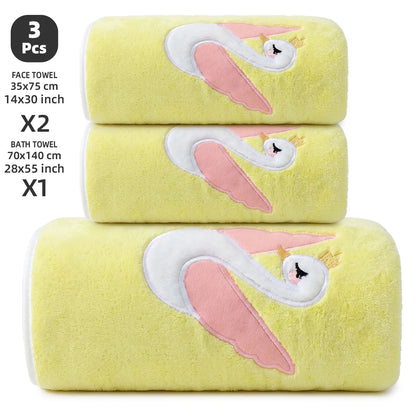 3-Piece Towel Set, 1 Bath Towel + 2 Hand Towels, Elegant Swan Embroidery