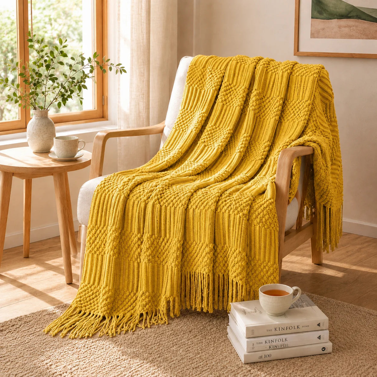 Sage Green Mixed Bobble Diamond Textured Knit Throw Blanket with Tassel Fringe, Soft Knitted Decorative Blanket, Lightweight Cozy Cover for Couch Sofa Bed, Boho Farmhouse Home Decor for Living Room Bedroom
