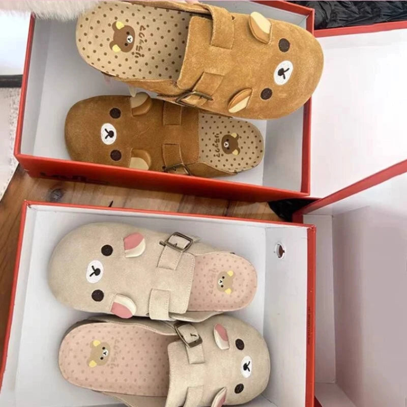 Fashion Women Boken Shoes  Retro Thick-Soled Super Comfortable Cute Exquisite Little Bear Design Outdoor Casual Half-Drag Flats