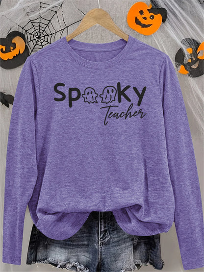 Women's Spooky Teacher Long Sleeve Crew Neck T-Shirt with Ghost Print, Cute Soft Horror Funny Halloween Gift, Casual Athletic Vacation Top