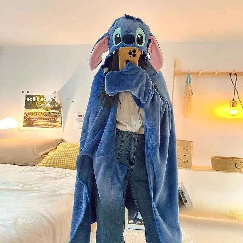 Comfortable Stitch Hooded Blanket Cartoon Anime Thickened Cloak Flannel Nap Sleeping Indoor Warm Stitch Blanket Gifts Girl