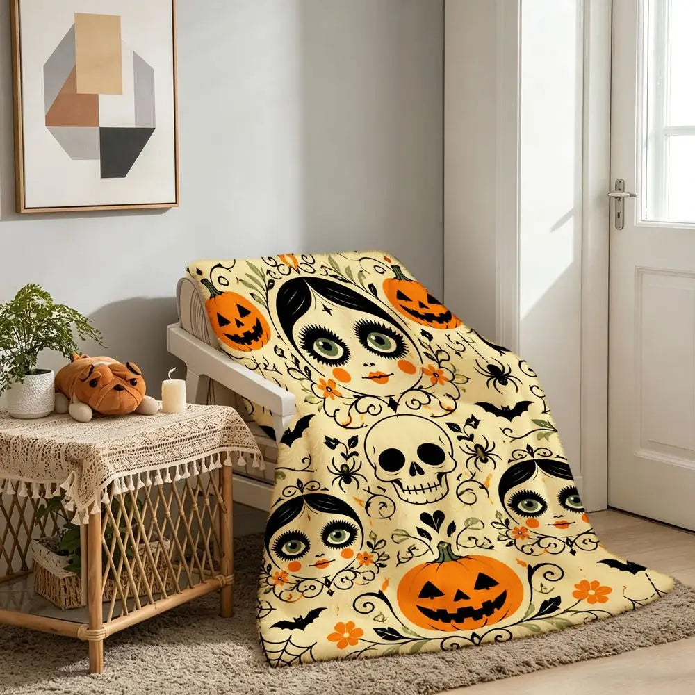 Whimsical Halloween Fleece Throw Blanket with Spooky Pumpkin Skull And Spiderweb Design Soft Warm Decorative Bed Sofa Blanket for Fall Home Decor Holiday Gifts for Friends