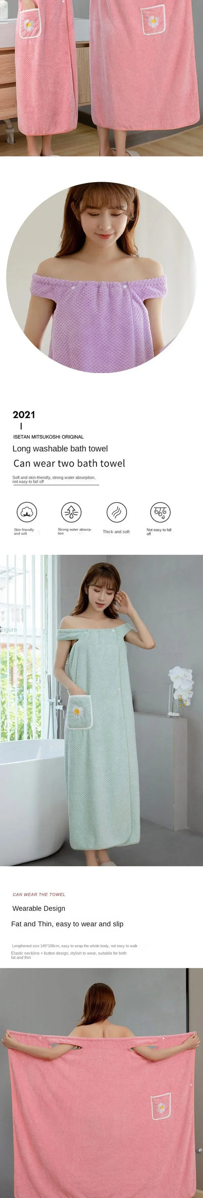 Wearable Bath Wrap Towel, Washable Bathrobe