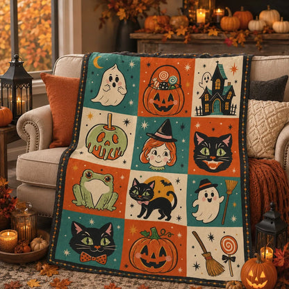 Retro 50s Halloween Sherpa Blanket, Vintage Midcentury Cute Ghost Fleece Throw, Kawaii Halloween Blanket Gift