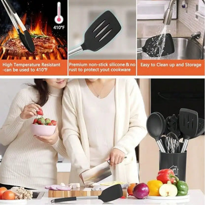 26-Piece Silicone Cooking Utensil Set with Stainless Steel Handles, Holder and Grater