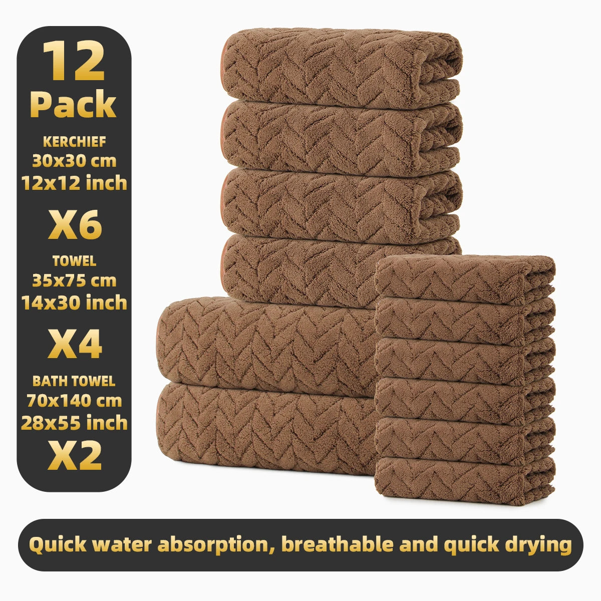 12-Piece Towel Set, 2 Bath Towels + 4 Hand Towels + 6 Face Towels, Soft