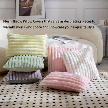 Fuzzy Striped Plush Throw Pillow Cover, Green