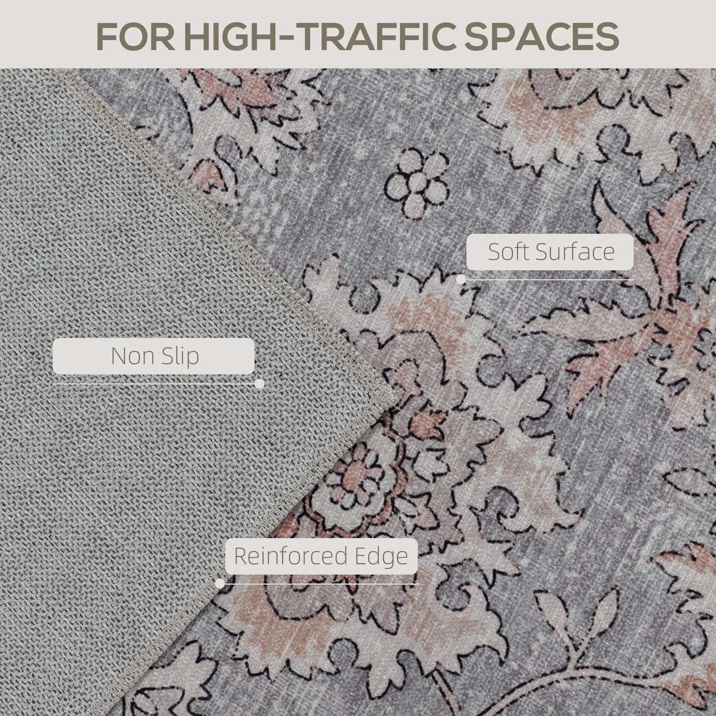 4x6 Traditional Floral Area Rug – Machine Washable Non-Slip Chenille Carpet in Grey & Brown
