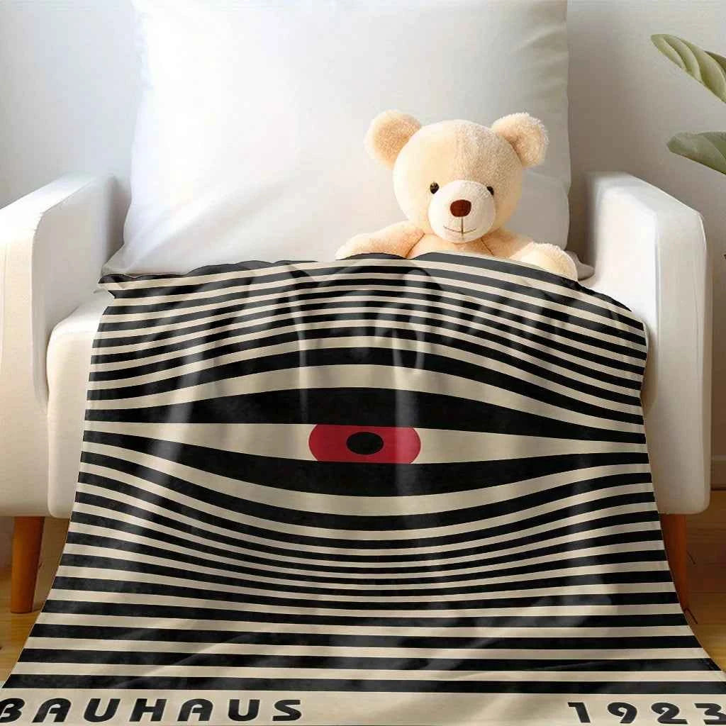 Bauhaus Eye Flannel Blanket Retro 1923 Striped Pattern Red Black Beige Color Scheme Artistic Throw For Sofa Couch Living Room