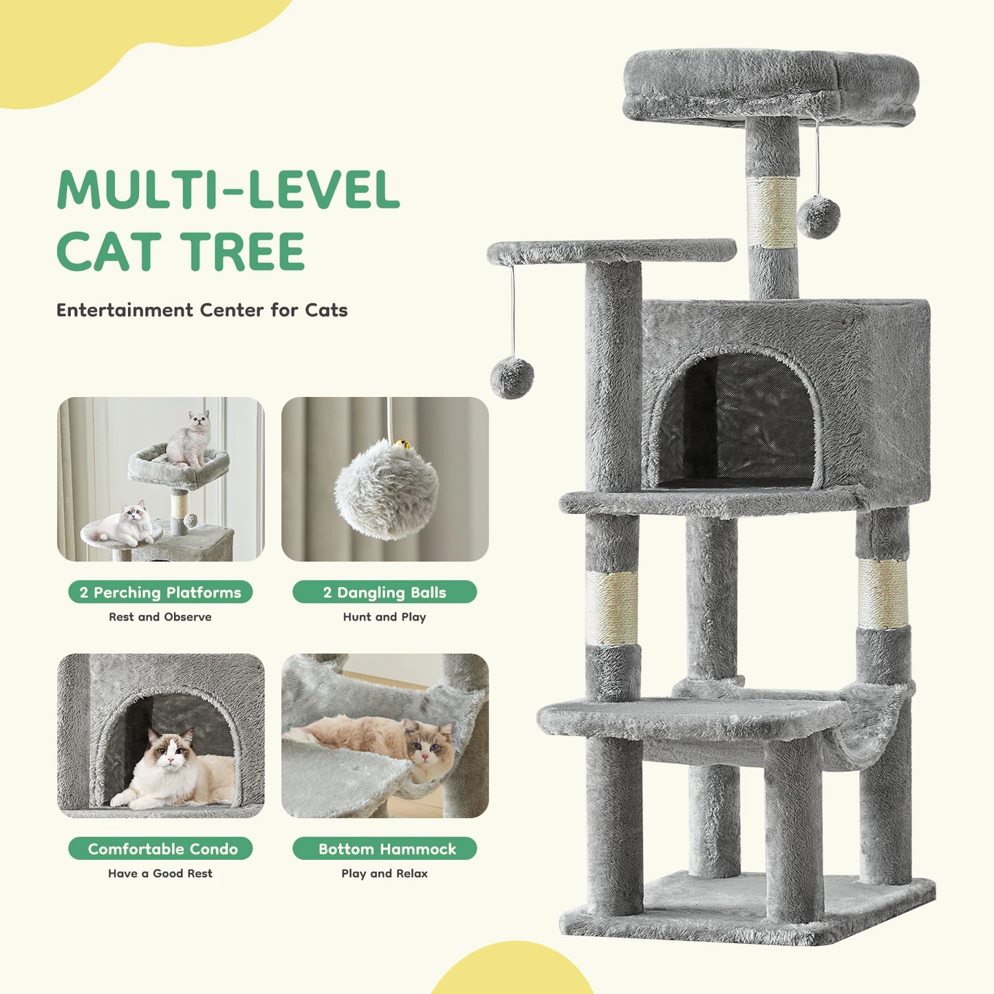 44" Tall Cat Tree & Climbing Tower — Natural Sisal Scratching Posts & Indoor Cat House