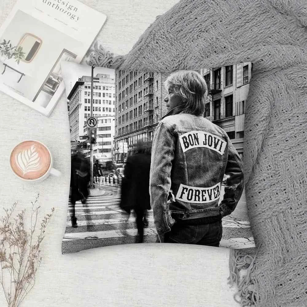 Rock Band B-Bon Jovi Forever Pillow Case Square Double-Sided Printing Short Plush Sofa Cushion Cover Bedroom Bedside Pillow