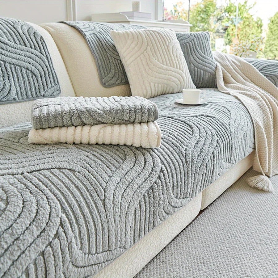 Cream Striped Velvet Sofa Cover, Non-Slip