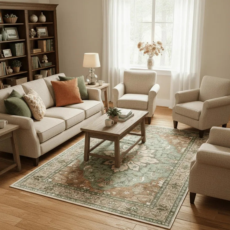 Bohemian Floral Vintage Oversized Area Rug – Machine Washable Non-Slip Green Carpet