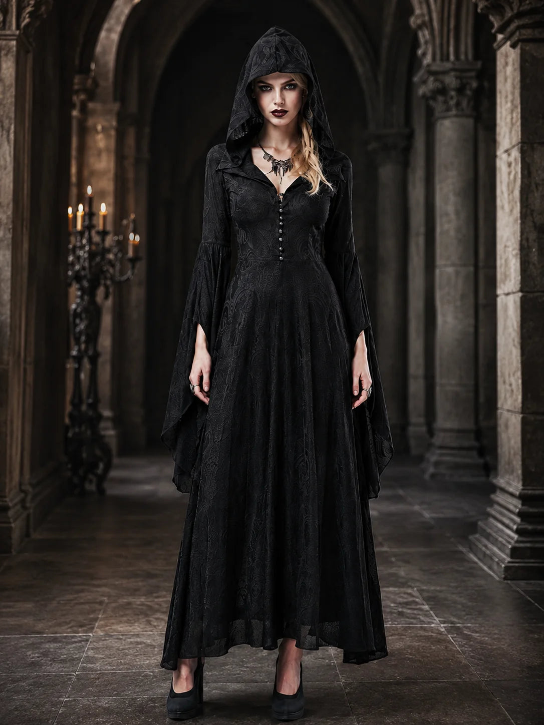 Women Gothic Witch Hooded Maxi Dress Bell Long Sleeve Jacquard Mesh V‑Neck Button Front Floor‑Length Gown Halloween Cosplay Costume for Party Carnival