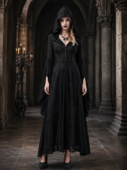 Women Gothic Witch Hooded Maxi Dress Bell Long Sleeve Jacquard Mesh V‑Neck Button Front Floor‑Length Gown Halloween Cosplay Costume for Party Carnival