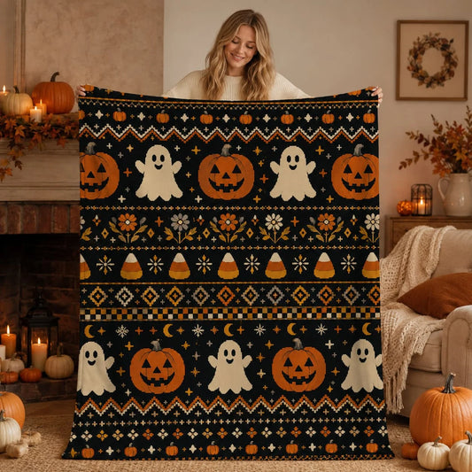 Halloween Sherpa Blanket, Cottagecore Fleece Throw, Cozy Pumpkin Ghost Fall Blanket, New Home Halloween Gift