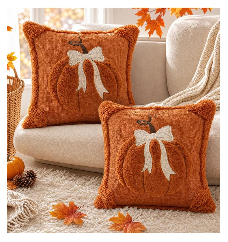 3D Plush Pumpkin Throw Pillow with Bow, Fall Decor