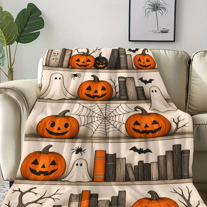 Halloween Blanket - Cute Cartoon Ghost, Magic Bookshelf, Spider Web, Bat, Pumpkin Designs - Soft And Warm Flannel Throw Blanket, Suitable for Camping, Travel, Car, And Home Decoration - A Warm Holiday Gift for Friends, Family