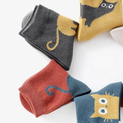 5 Pairs Kids Socks Cartoon Cat Pattern Comfortable Breathable Children Socks For Boys And Girls