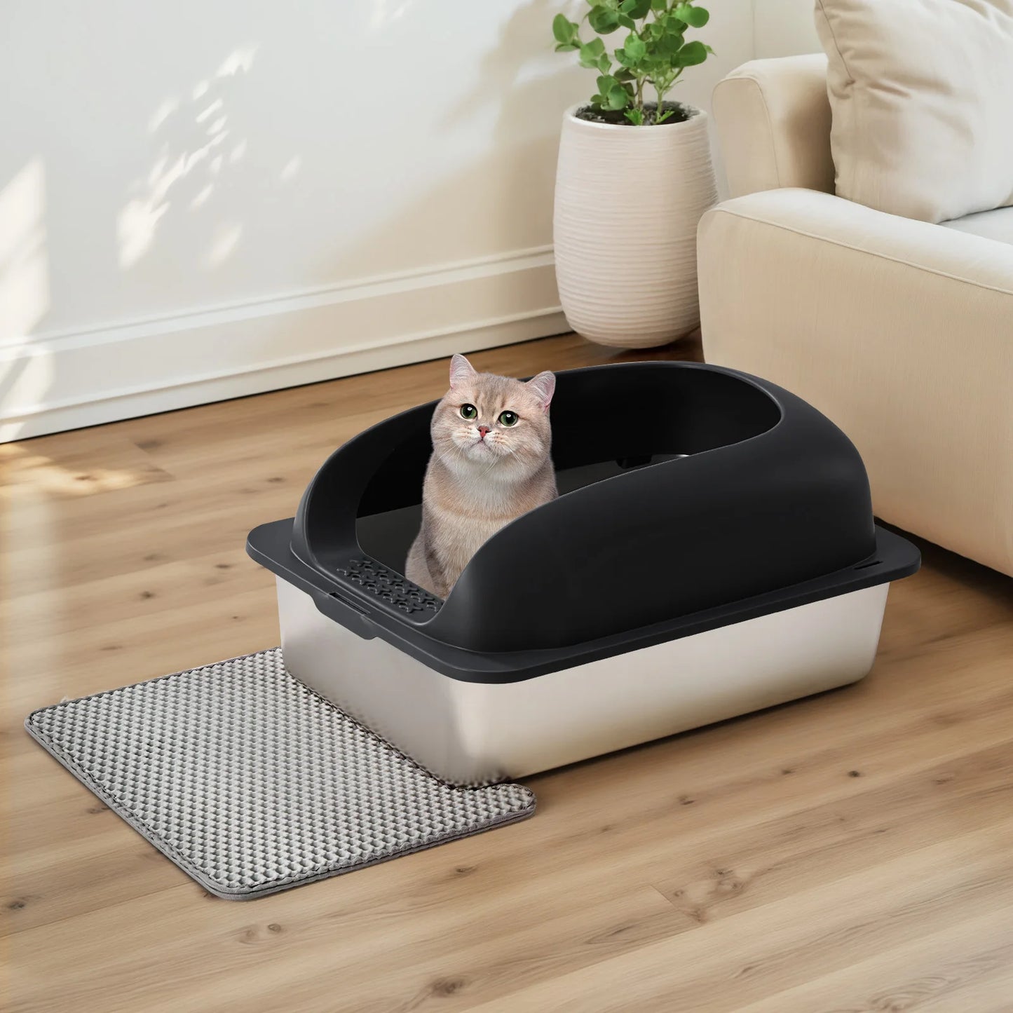 JHK 24" Stainless Steel Cat Litter Box with Lid — Anti-Urine, Scoop & Mat Included