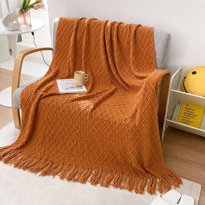 Sage Green Diamond Knit Throw Blanket with Tassels