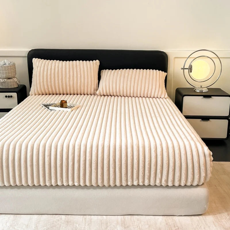 Striped Plush Fitted Sheet, Cozy Fluffy Mattress Cover