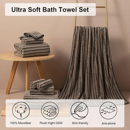 8 Pcs Polyester Brown Cabana Stripe Large Bath Towel Set-2 Bathroom