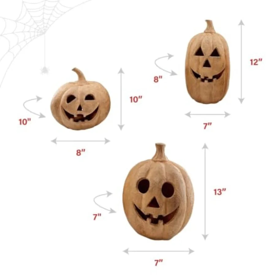 3-Piece Spooky Lighted LED Jack O Lantern Set for Halloween decoration, plastic, orange and black, battery-operated with flicke