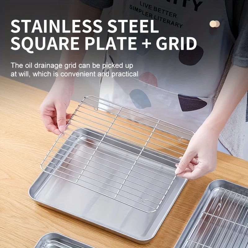 304 Stainless Steel Fruit Cake BBQ Tray Removable Cooling Rack Nonstick Barbecue Tray Square Baking Plate Kitchen Baking Tray
