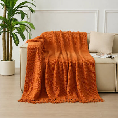 Dark Green Geometric Bobble Textured Knit Throw Blanket with Tassel Fringe, Soft Knitted Decorative Blanket, Lightweight Cozy Cover for Couch Sofa Bed, Boho Farmhouse Home Decor for Living Room Bedroom