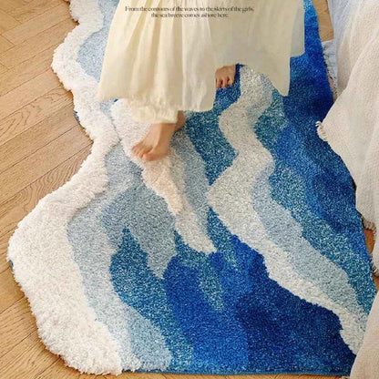 Blue Sea Wave Flocking Rug Bedroom Rug Corridor Area Floor Pad Mat Doormat Aesthetic Home Decor