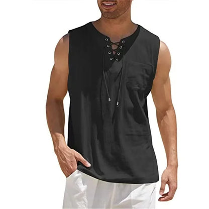 Men's Cotton Linen Sleeveless Vest — Retro V-Neck Lace Up Tank Top