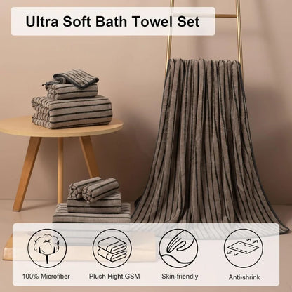 8 Pcs Polyester Brown Cabana Stripe Large Bath Towel Set-2 Bathroom