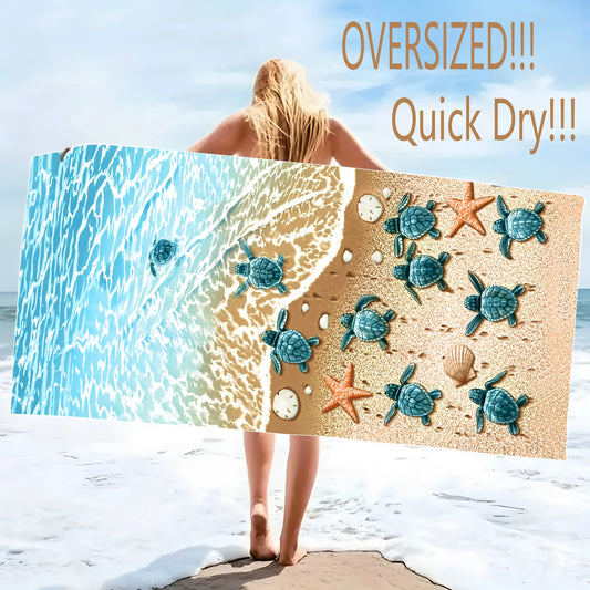 Serviette de plage surdimensionnée en microfibre — Motif étoiles de mer et tortues