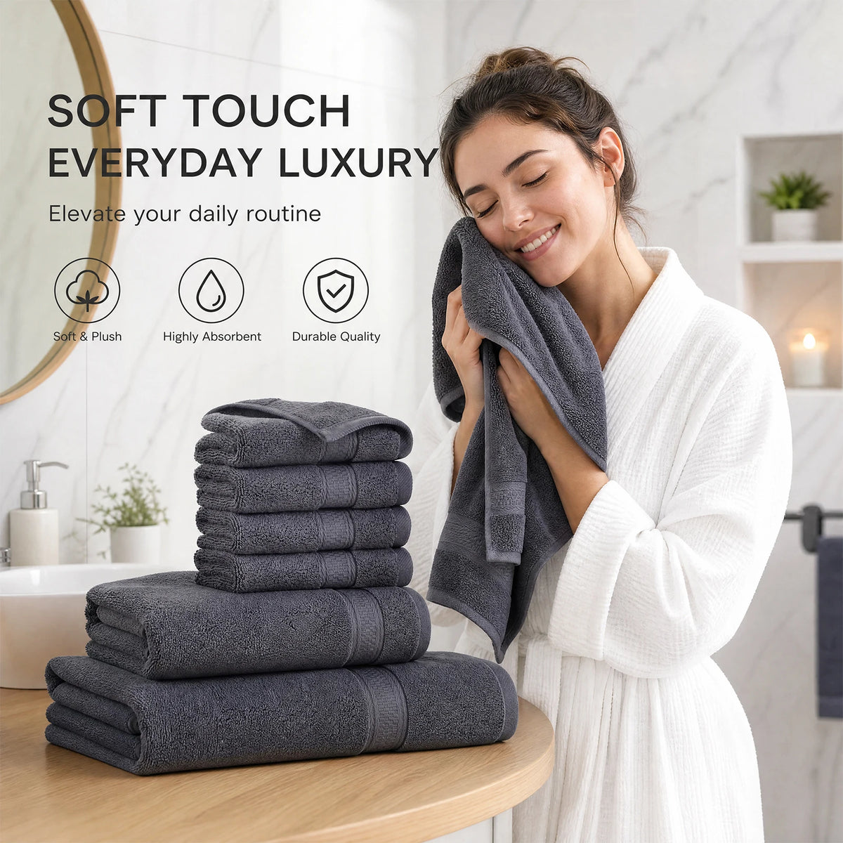 Towels 8 Piece Majestic Plush Luxury Towel Set, Cotton, Grey | Majestic - Bath Towel Set