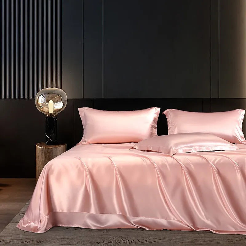 Solid 4pcs Silk Bedding Set with Duvet Cover Fitted/Flat Bed Sheet Pillowcase Bedspreads and Coverlets  Single Double Bedsheet