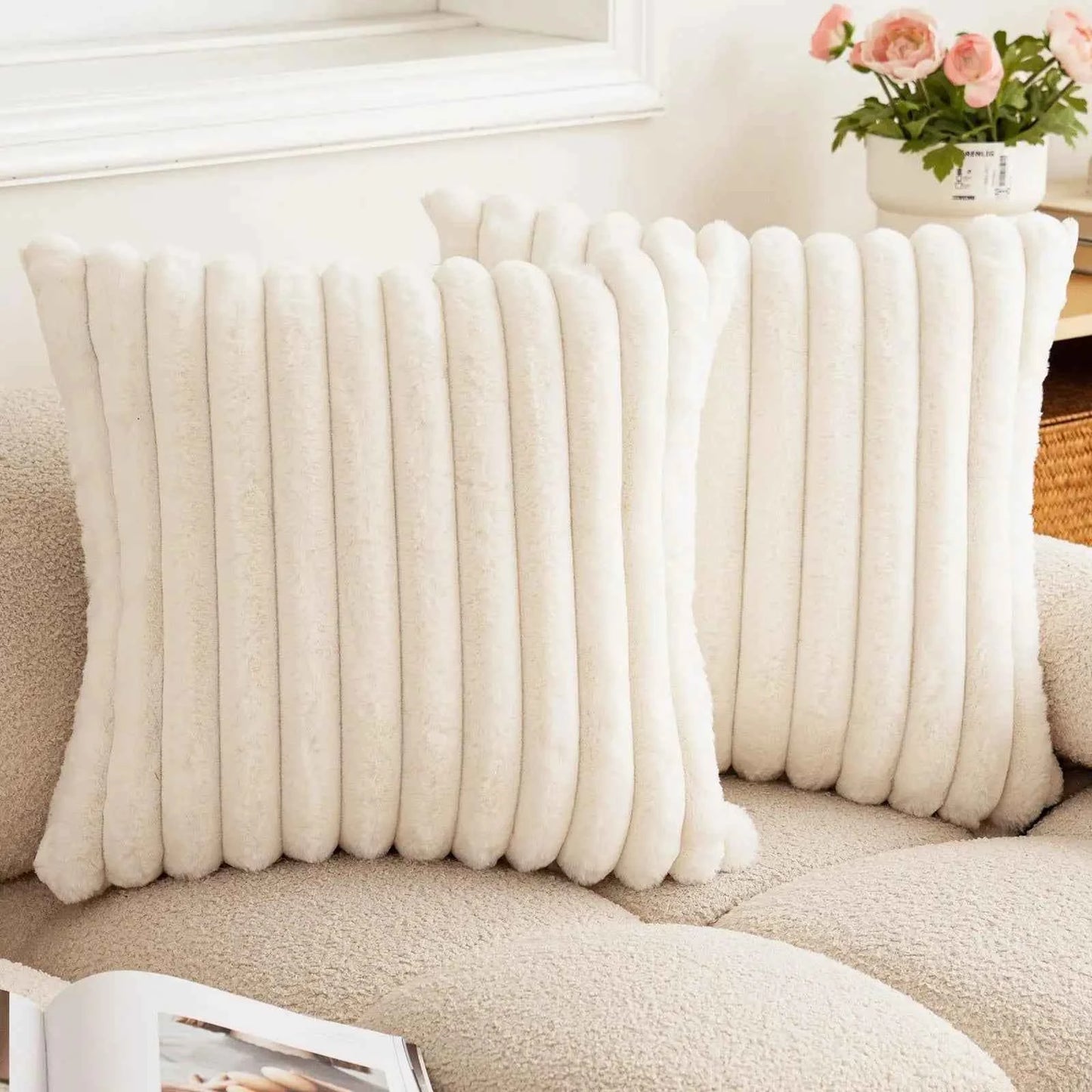 1pc Ins Style Plain Color Vertical Stripe High Quality Rabbit Plush Pillow Cover and Sofa Bedroom Cushion Coreless Pillowcase
