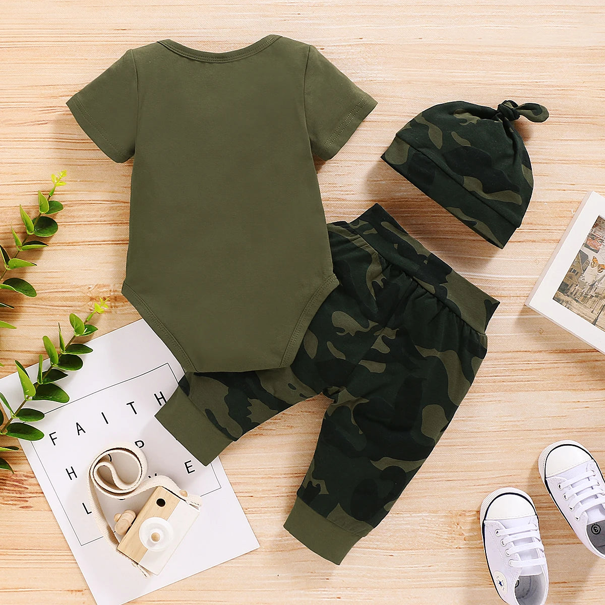 Letter Romper, Camouflage Pants & Hat 3-Piece Set