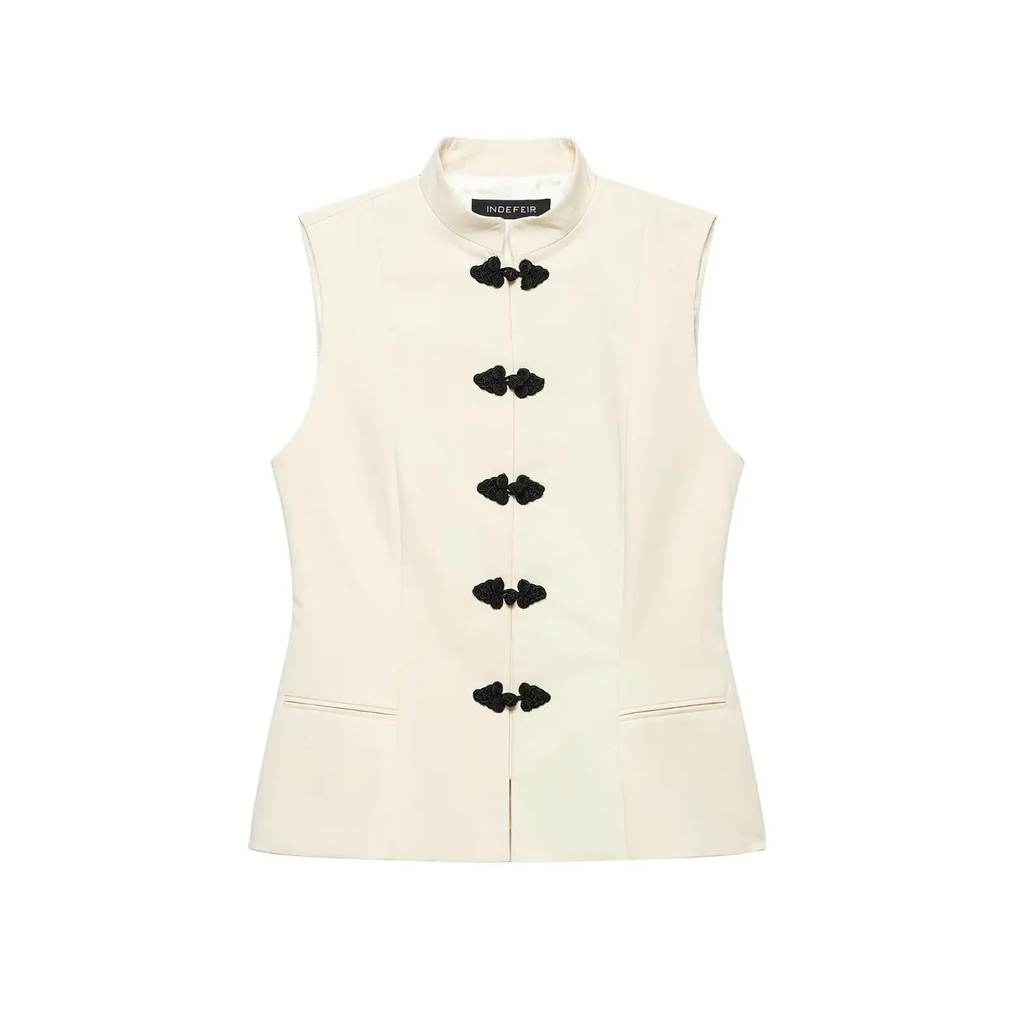 Women's Beige Frog Button Sleeveless Vest – Tailored Waist Lightweight Summer Outerwear