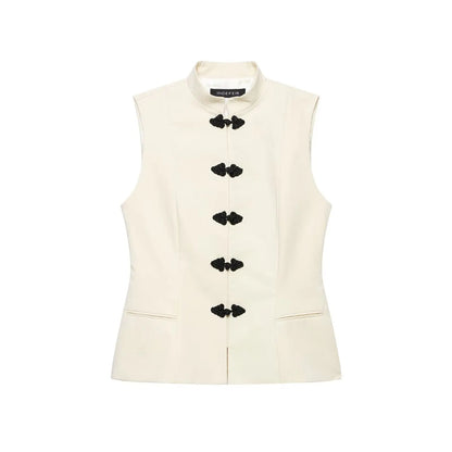 Women's Beige Frog Button Sleeveless Vest – Tailored Waist Lightweight Summer Outerwear